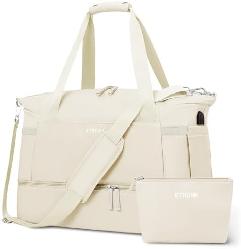 ETRONIK Gym Bag Womens, Sports Travel Duffel Bag with USB Charging Port, Weekend Overnight Bag for Women with Wet Pocket and Shoes Compartment, Hospital Bag, Beige