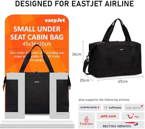 ECOHUB Easyjet 30L Cabin Bag 45x36x20 Underseat Travel Flight Bag Foldable Carry On Bag with Removable Wet Pocket Waterproof Overnight Holdall Bag Weekend Luggage Bag Hospital Bag for Women (Black) - Image 2