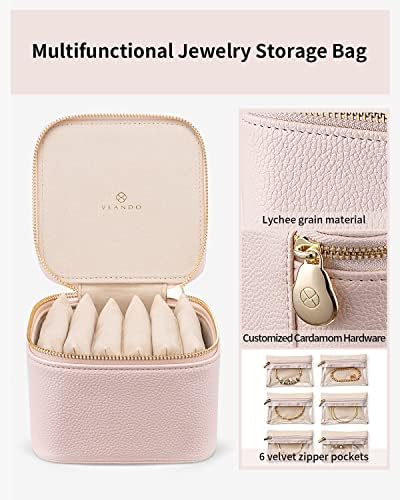 Vlando Small Jewellery Box Organiser Travel Jewelry Storage with 6 Velvet Jewellery Zipper Pockets,Premium Petal Hardware Jewellery Case - Image 5