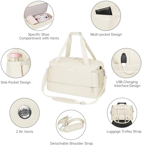 ETRONIK Gym Bag Womens, Sports Travel Duffel Bag with USB Charging Port, Weekend Overnight Bag for Women with Wet Pocket and Shoes Compartment, Hospital Bag, Beige - Image 2