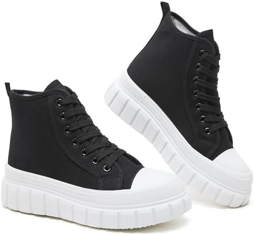 BENPAO Womens High Top Platform Sneakers White Platform Shoes for Women Black Canvas Fashion Sneakers Casual Tennis Shoes for Women