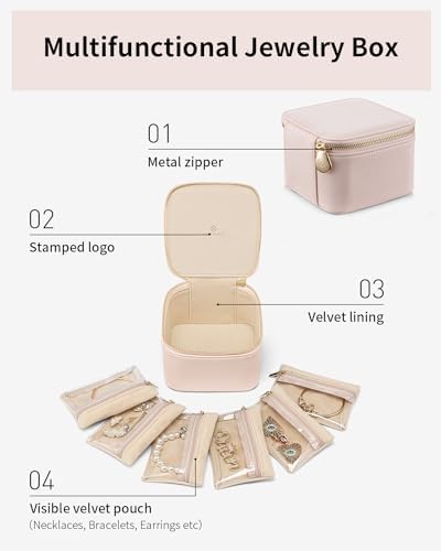 Vlando Small Jewellery Box Organiser Travel Jewelry Storage with 6 Velvet Jewellery Zipper Pockets,Premium Petal Hardware Jewellery Case - Image 3