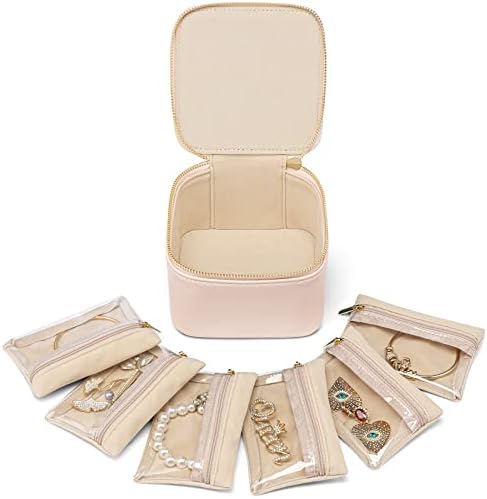 Vlando Small Jewellery Box Organiser Travel Jewelry Storage with 6 Velvet Jewellery Zipper Pockets,Premium Petal Hardware Jewellery Case
