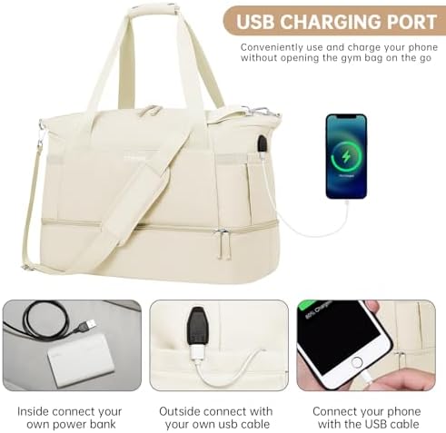ETRONIK Gym Bag Womens, Sports Travel Duffel Bag with USB Charging Port, Weekend Overnight Bag for Women with Wet Pocket and Shoes Compartment, Hospital Bag, Beige - Image 5