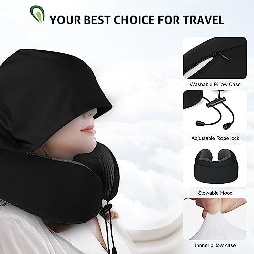 Jiancrate Travel Pillow for Neck Memory Foam, Hooded Travel Neck Pillow for Adults, Comfortable Neck Pillow for Travel with Hoodie, Flight Pillow, Airplane Pillow, Travel Cushion for Plane Car Train - Image 7