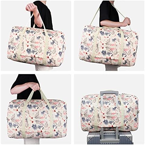 for Airlines Large Cabin Bag Foldable Travel Duffel Bag Holdall Tote Carry on Luggage Overnight for Women and Men 40L (Beige Flamingo) - Image 4