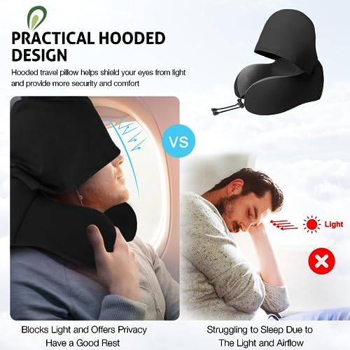 Jiancrate Travel Pillow for Neck Memory Foam, Hooded Travel Neck Pillow for Adults, Comfortable Neck Pillow for Travel with Hoodie, Flight Pillow, Airplane Pillow, Travel Cushion for Plane Car Train - Image 2