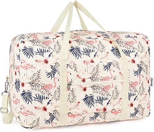for Airlines Large Cabin Bag Foldable Travel Duffel Bag Holdall Tote Carry on Luggage Overnight for Women and Men 40L (Beige Flamingo)