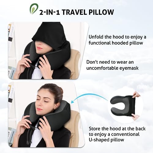 Jiancrate Travel Pillow for Neck Memory Foam, Hooded Travel Neck Pillow for Adults, Comfortable Neck Pillow for Travel with Hoodie, Flight Pillow, Airplane Pillow, Travel Cushion for Plane Car Train - Image 3