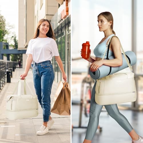 ETRONIK Gym Bag Womens, Sports Travel Duffel Bag with USB Charging Port, Weekend Overnight Bag for Women with Wet Pocket and Shoes Compartment, Hospital Bag, Beige - Image 6