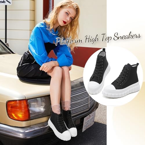 BENPAO Womens High Top Platform Sneakers White Platform Shoes for Women Black Canvas Fashion Sneakers Casual Tennis Shoes for Women - Image 2